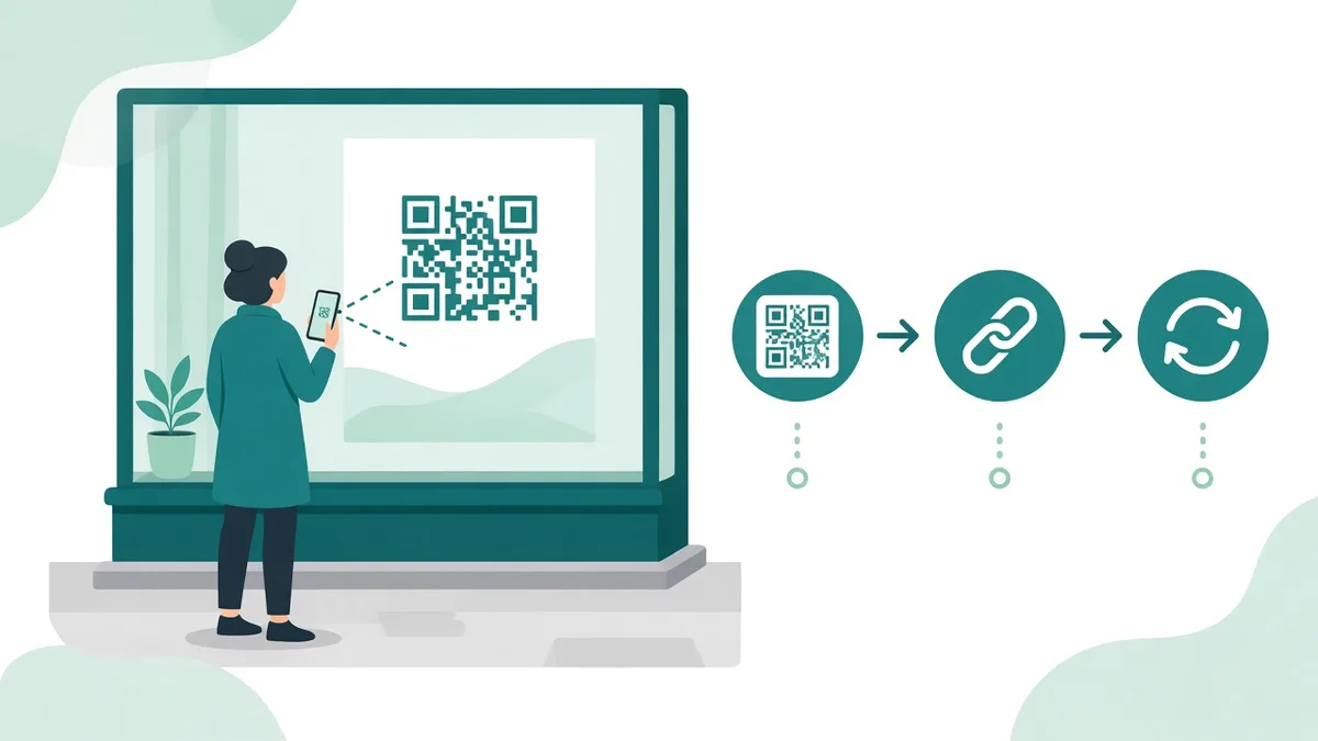 Schaufensterplakat hinter Glas mit großem QR-Code, Passantin scannt vom Gehweg mit dem Smartphone